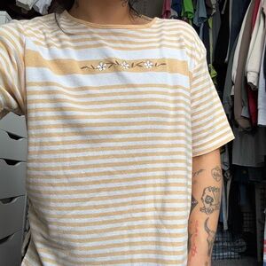 Cathy Daniels Yellow and White Striped Short-Sleeve Tee with Floral Embroidery
